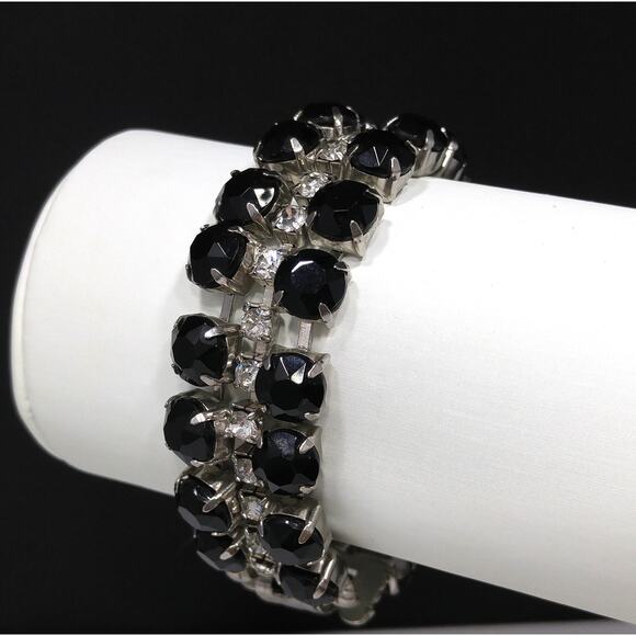 Vintage Black & Clear Rhinestone Bracelet, Rhodium Plated, 1950s - Picture 5 of 10